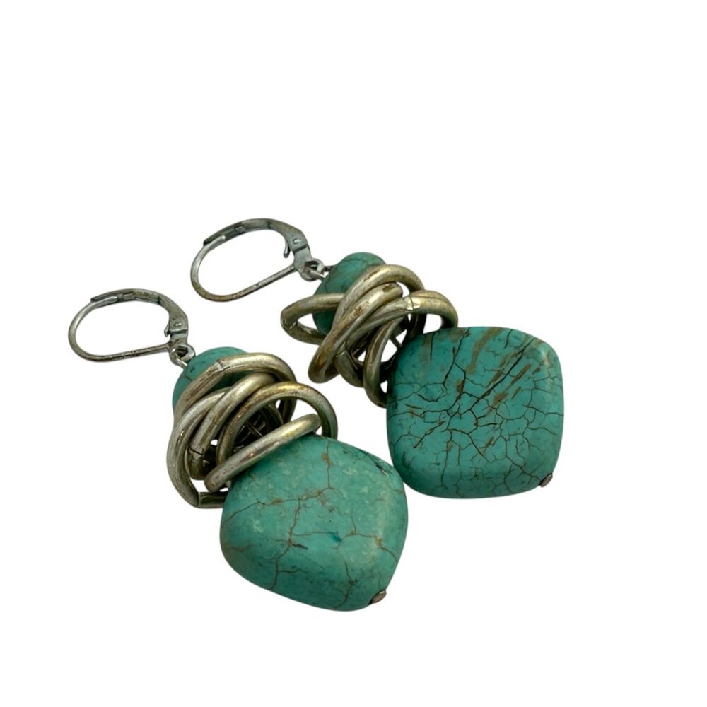 Silver Tone Earrings Wire Wrapped Faux Turquoise Dangle Organic Earthy Rustic